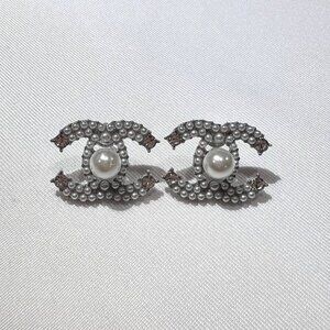 NEW CC Faux pearl stud earrings with crystal accents in a silver-tone